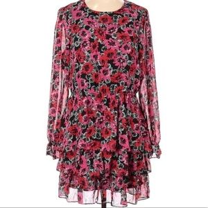 H&M Divided Red Fuchsia Pink Black Floral Long Sleeve Dress, Size L